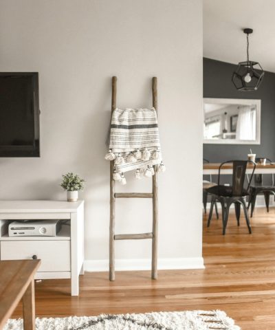 Elegant modern living room with minimal decor and wooden accents.